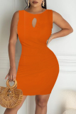 Light Blue Sexy Solid Hollowed Out O Neck Pencil Skirt Dresses