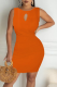 Tangerine Red Sexy Solid Hollowed Out O Neck Pencil Skirt Dresses