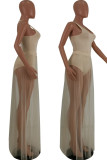 Beige Fashion Sexy Solid See-through U Neck Sleeveless Two Pieces Swimwears