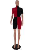 Fuchsia Fashion Casual Patchwork Basic Turtleneck Short Sleeve Two Pieces