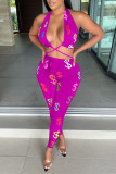 Rose Red Fashion Sexy Print Bandage Backless Halter Sleeveless Two Pieces