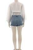 White Casual Solid Bandage Hollowed Out Patchwork V Neck Tops