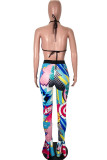 Blue Fashion Sexy Print Bandage Backless Halter Sleeveless Two Pieces