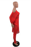 Red Fashion Casual Print Asymmetrical Oblique Collar Half Sleeve Two Pieces