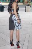 Grey Casual Print Patchwork Spaghetti Strap Sleeveless Two Pieces