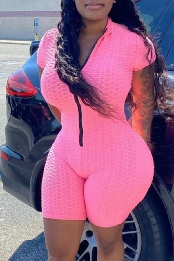 Pink Fashion Casual Solid Basic Zipper Collar Regular Romper