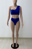 Deep Blue Casual Solid Patchwork Asymmetrical Swimwears