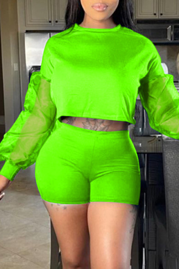 Fluorescent Green Fashion Casual Solid Patchwork O Neck Long Sleeve Two Pieces