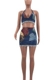 The cowboy blue Casual Print Tassel Patchwork Halter Sleeveless Two Pieces