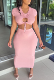 Pink Sexy Solid Hollowed Out O Neck Short Sleeve Two Pieces