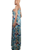 Blue Sexy Print Patchwork Spaghetti Strap Sling Dress Dresses
