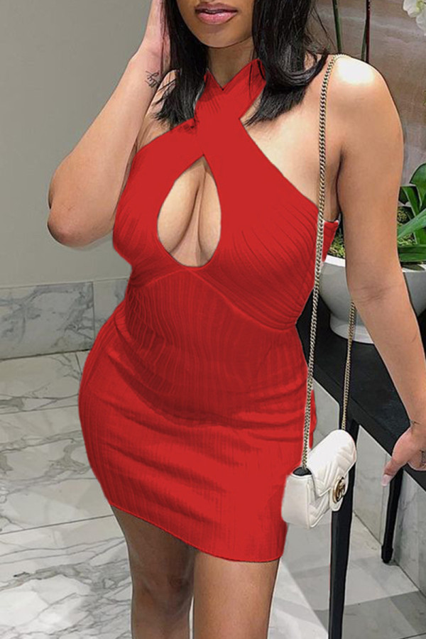 Red Fashion Sexy Solid Hollowed Out Backless O Neck Sleeveless Dress