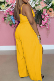 Yellow Casual Solid Tassel Spaghetti Strap Loose Jumpsuits