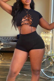 Black Fashion Sexy Solid Bandage Hollowed Out O Neck Short Sleeve Two Pieces
