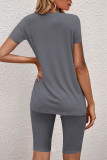 Black Casual Solid O Neck Short Sleeve Two Pieces