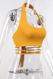 Yellow Sexy Solid Patchwork Halter Tops
