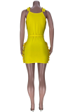 Yellow Sexy Solid Flounce V Neck Pencil Skirt Dresses