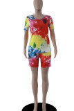Colour Casual Print Tie Dye Patchwork O Neck Short Sleeve Two Pieces