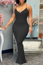 Black Fashion Sexy Solid Backless V Neck Sling Dress