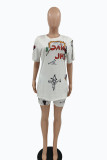 White Fashion Casual Print Basic O Neck Short Sleeve Two Pieces