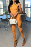 Yellow Fashion Sexy Solid Hollowed Out Spaghetti Strap Skinny Jumpsuits