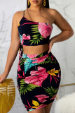 White Sexy Print Patchwork One Shoulder Sleeveless Two Pieces