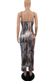 Grey Sexy Print Patchwork Spaghetti Strap Pencil Skirt Dresses