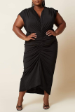 Black Sexy Solid Patchwork V Neck Pleated Plus Size Dresses