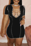 Pink Sexy Solid Patchwork Frenulum V Neck A Line Dresses