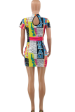 Blue Sexy Print Patchwork O Neck Irregular Dress Dresses