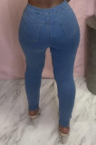 Blue Sexy Casual Solid Hollowed Out High Waist Skinny Denim Jeans
