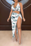 White Sexy Print Patchwork Halter Sleeveless Two Pieces