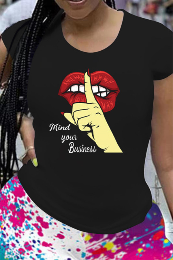 Black Fashion Casual Print Basic O Neck T-Shirts