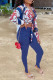 Blue Fashion Casual Print Bandage Strap Design Turndown Collar Long Sleeve Two Pieces