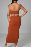 Brown Sexy Solid Hollowed Out Split Joint Half A Turtleneck Pencil Skirt Dresses