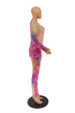 Fuchsia Fashion Casual Print Tie Dye Basic O Neck Long Sleeve Two Pieces