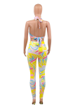 Yellow Sexy Print Patchwork Halter Skinny Jumpsuits