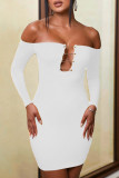 Red Sexy Solid Hollowed Out Backless Off the Shoulder Long Sleeve Dresses