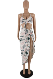 White Sexy Print Patchwork Halter Sleeveless Two Pieces