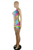 Colour Fashion Sexy Tie Dye Printing O Neck Sleeveless Two Pieces