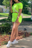 Fluorescent Green Fashion Casual Solid Backless Off the Shoulder Short Sleeve Two Pieces