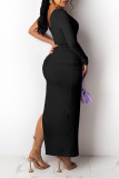 Light Purple Fashion Sexy Solid Hollowed Out Slit Long Sleeve Dresses