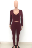 Burgundy Casual Solid Split Joint V Neck Long Sleeve Two Pieces
