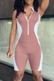 Pink Sexy Casual Patchwork Basic Zipper Collar Skinny Romper