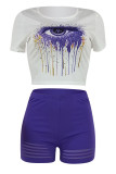 Blue Casual Print Hollowed Out Patchwork O Neck Short Sleeve Two Pieces