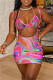 Rose Red Fashion Sexy Print Hollowed Out Spaghetti Strap Sleeveless Two Pieces