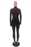 Black Fashion Sexy Solid See-through Turndown Collar Long Sleeve Two Pieces
