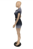 Black Fashion Casual Gradual Change Print Basic Zipper Collar Short Sleeve Two Pieces