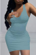 Sky Blue Casual Solid Patchwork U Neck Pencil Skirt Dresses