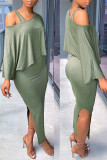 Green Fashion Casual Solid Slit O Neck Half Sleeve Two Pieces